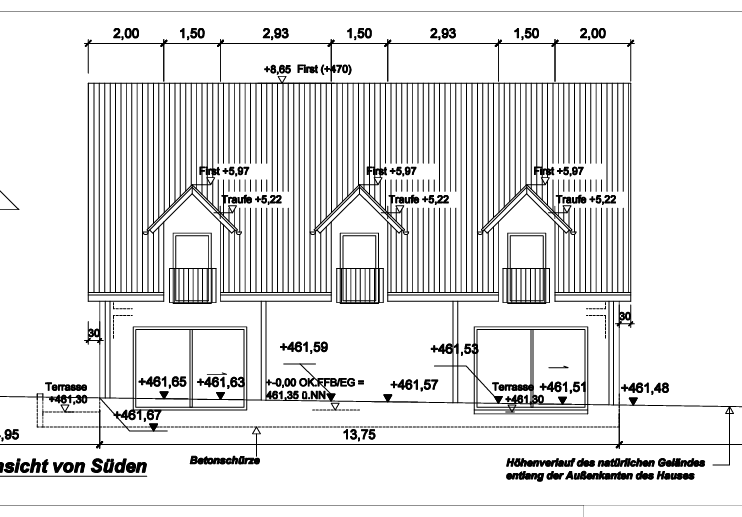 Bauzeichnung Vorderansicht Süden Doppelhaus – BauPlusIngenieure Neuötting