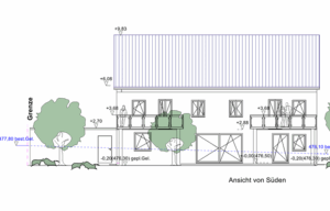 Südansicht farbige Bauzeichnung – Planung Doppelhaus mit Balkonen