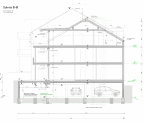 Gebäudeschnitt B–B mit 5 Ebenen und Tiefgarage – BauPlusIngenieure